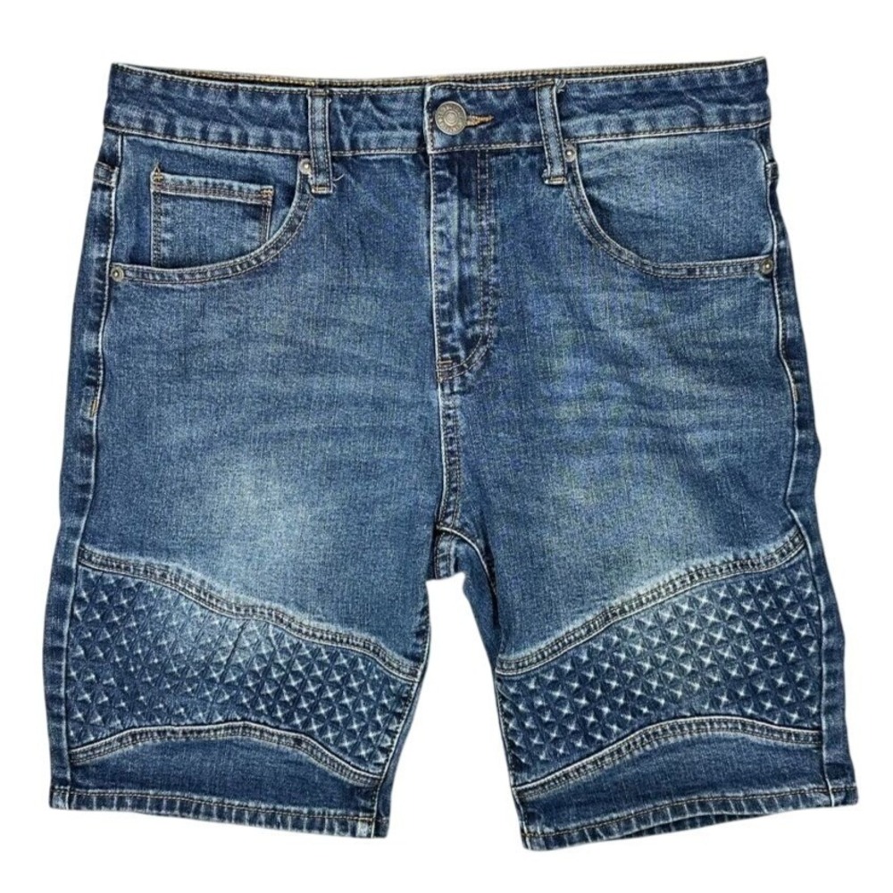 VTG Smoke & Ash Denim Shorts Mens 32 Blue Moto Quilted Panel Stretch Street Y2K